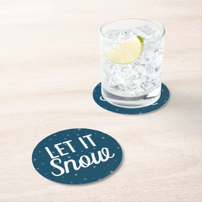 Modern let it snow blue with snowflakes round paper coaster (Insitu)