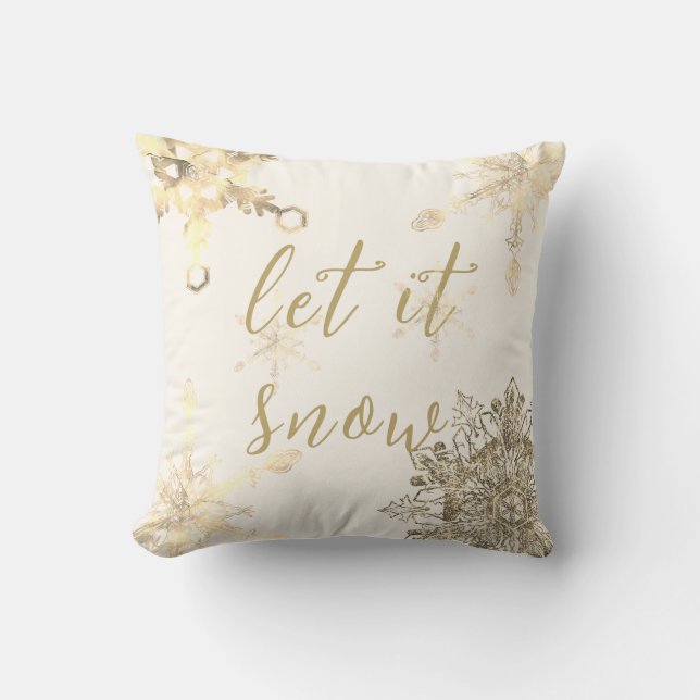 Modern Let it Snow Golden Sparkling Snowflakes Cushion (Front)