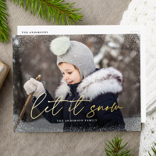 Modern Let it Snow Script Photo Foil Holiday Postcard
