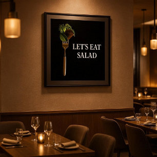 Modern Let's Eat Salad Food on Fork Black Poster