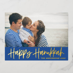 Modern Lettering Blue Happy Hanukkah Photo Foil Holiday Postcard
