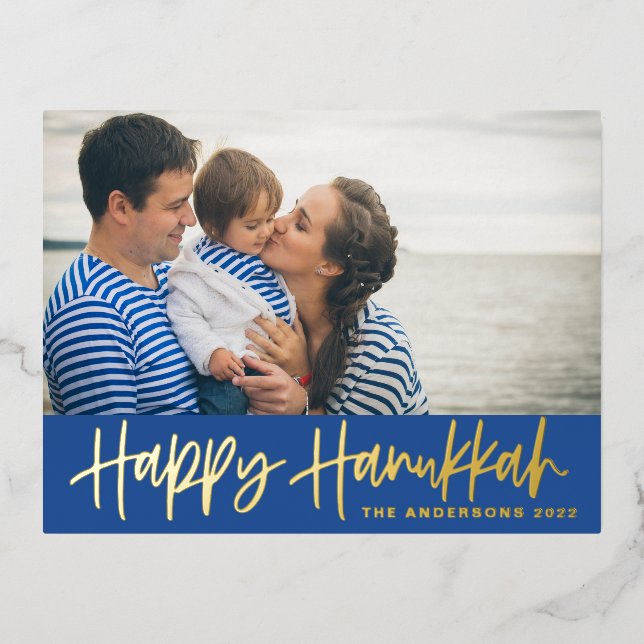 Modern Lettering Blue Happy Hanukkah Photo Foil Holiday Postcard (Front)