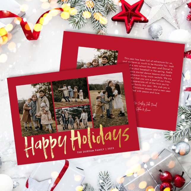 Modern Lettering Five Photo Happy Holidays Foil Holiday Card (Creator Uploaded)