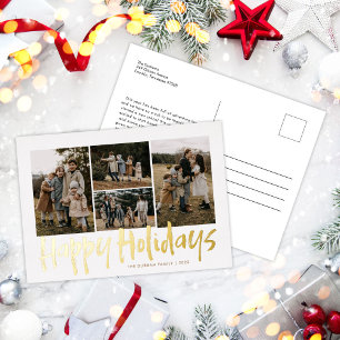 Modern Lettering Five Photo Happy Holidays Foil Holiday Postcard