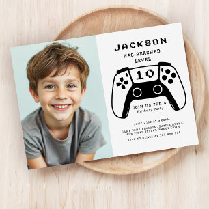 Modern Level Up Gamer Boys Birthday Party Photo Invitation