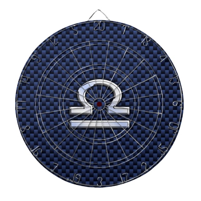 Modern Libra Sign on Navy Blue Carbon Fibre Dartboard (Front)
