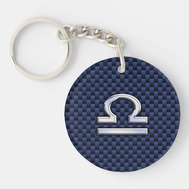 Modern Libra Sign on Navy Blue Carbon Fibre Key Ring (Front)