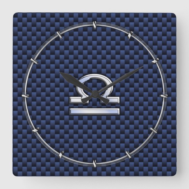 Modern Libra Sign on Navy Blue Carbon Fibre Square Wall Clock (Front)