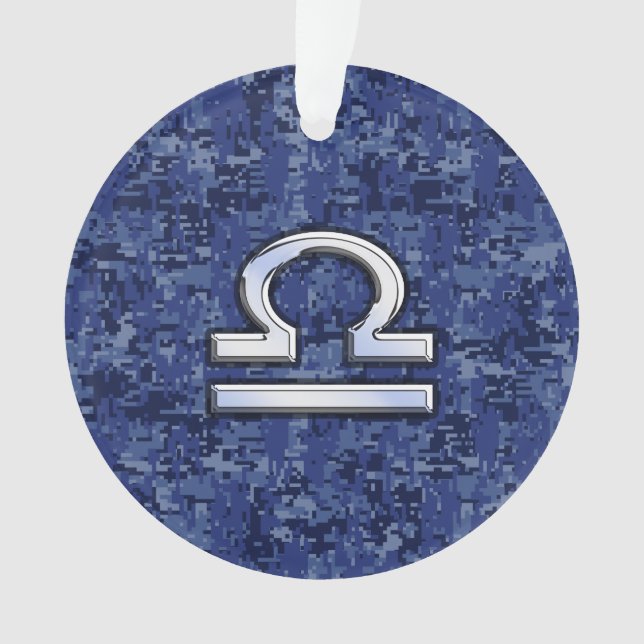 Modern Libra Zodiac Sign on blue digital camo Ornament (Front)