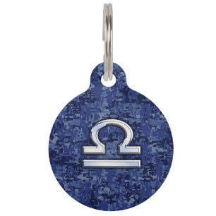 Modern Libra Zodiac Sign on blue digital camo Pet Tag