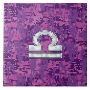 Modern Libra Zodiac Symbol on Fuchsia Digital Camo Ceramic Tile