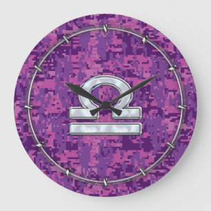 Modern Libra Zodiac Symbol on Fuchsia Digital Camo Large Clock