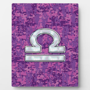 Modern Libra Zodiac Symbol on Fuchsia Digital Camo Plaque