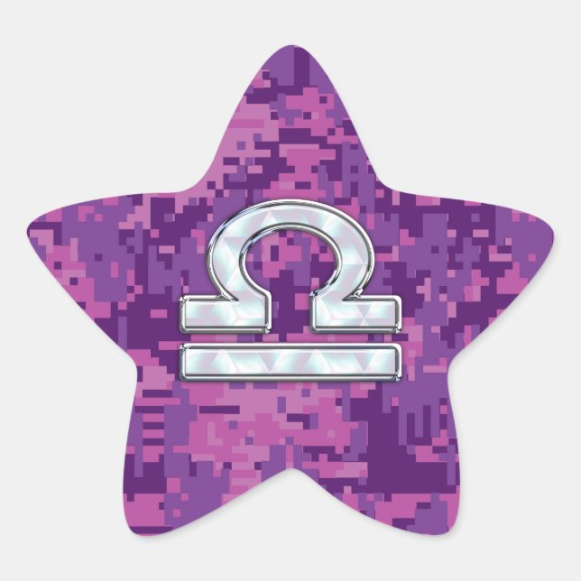 Modern Libra Zodiac Symbol on Fuchsia Digital Camo Star Sticker (Front)