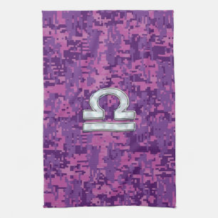 Modern Libra Zodiac Symbol on Fuchsia Digital Camo Tea Towel