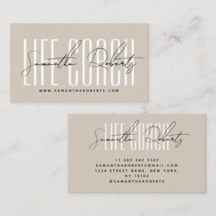 Modern life coach typography script beige business card