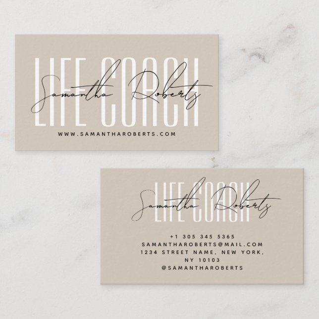 Modern life coach typography script beige business card (Front/Back)