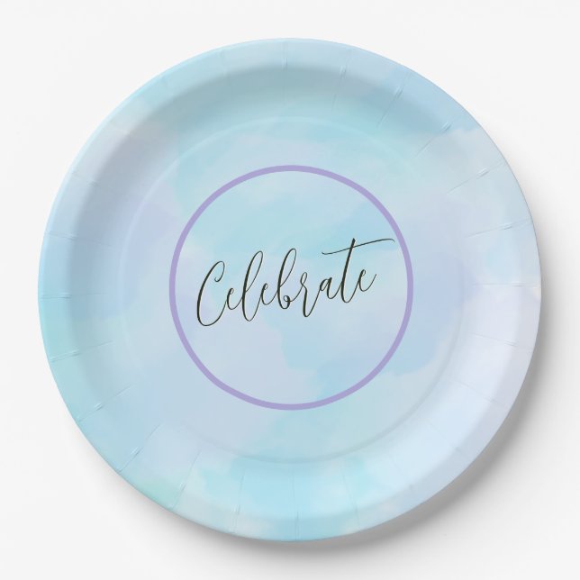 Modern Light Aqua Blue Elegant Script Celebrate Paper Plate (Front)
