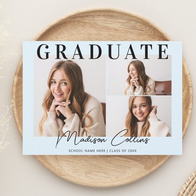 Modern Light Blue 3 Photo Graduation Party Invitation (Creator Uploaded)