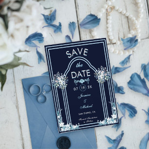 Modern Light Blue Arch Florals Navy Boho Wedding Save The Date