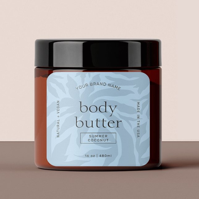 Modern Light Blue Body Lotion Square Product Label (Modern product stickers with trendy tropical palm design in light blue or edit to any colors)