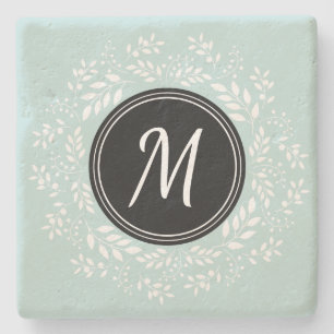 Modern Light Blue Floral Wreath Personalised Stone Coaster