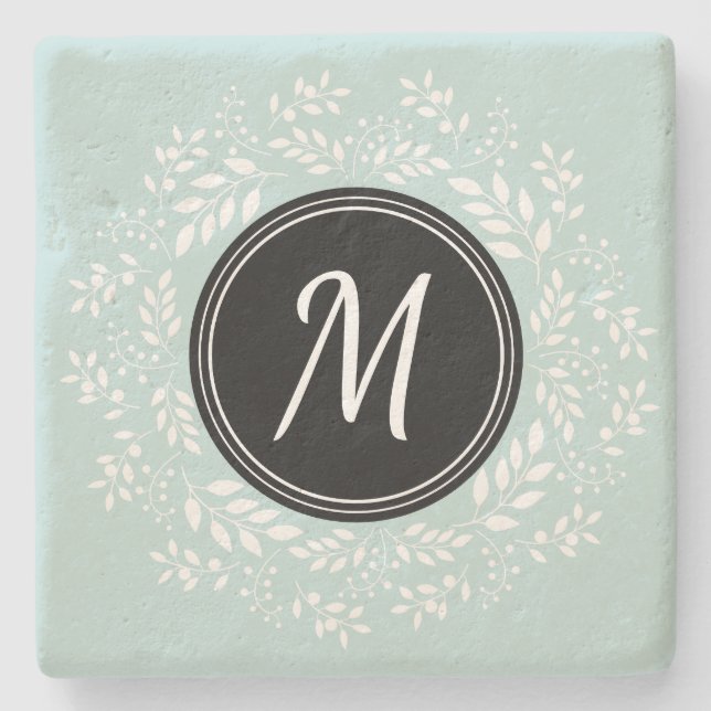 Modern Light Blue Floral Wreath Personalised Stone Coaster (Front)