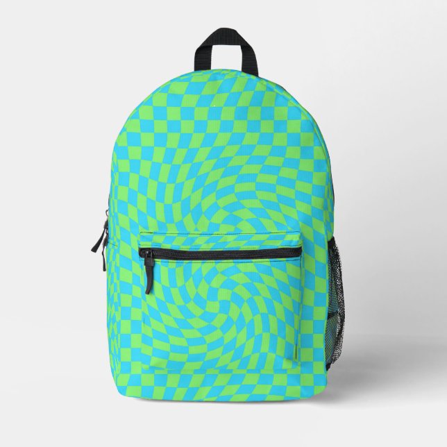 Modern Light Blue & Green Warped Chequered Pattern Printed Backpack (Front)