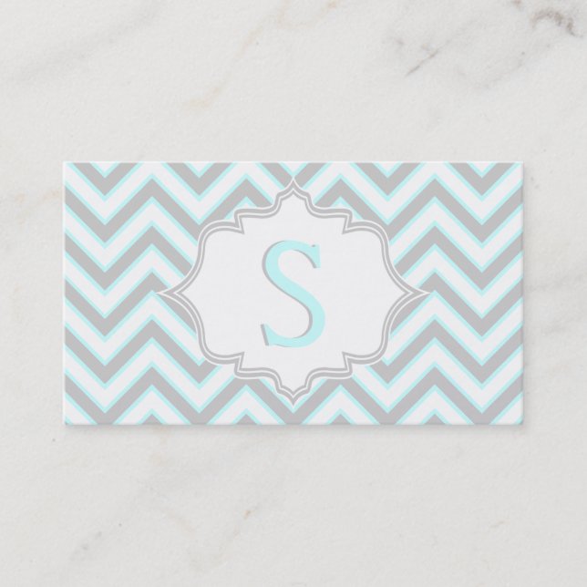 Modern light blue, grey chevron monogram business card (Front)