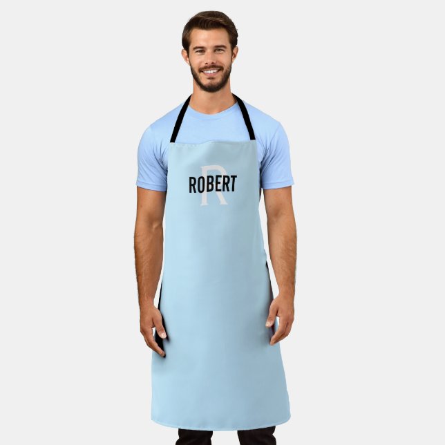 Modern light blue man monogram name apron (Worn)