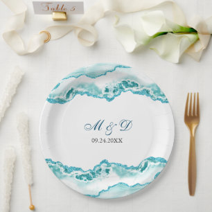 Modern Light Blue Marble Wedding Paper Plate