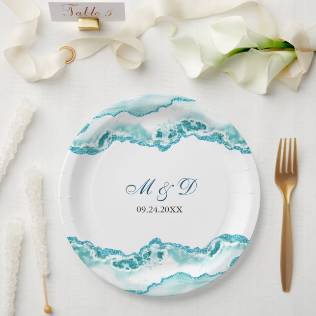 Modern Light Blue Marble Wedding Paper Plate (Wedding)