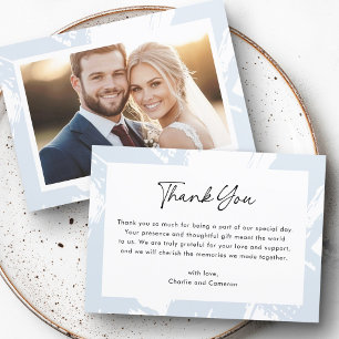 Modern light blue messy brushstrokes photo wedding thank you card