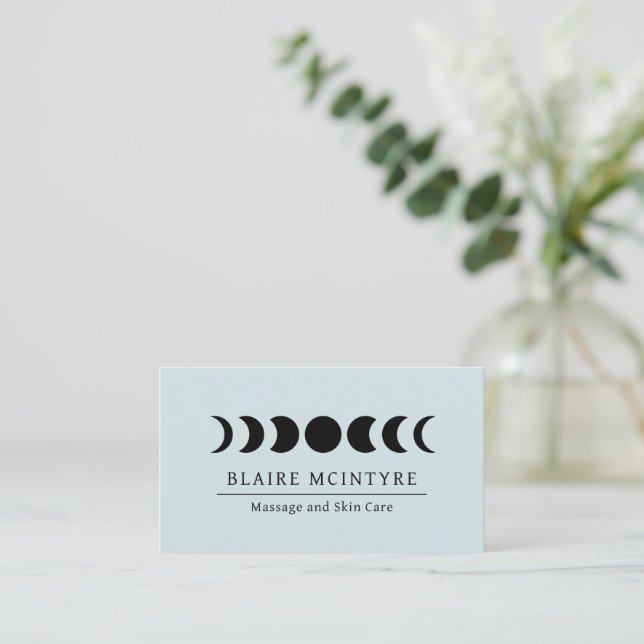Modern Light Blue Moon Phases Elegant Business Card (Standing Front)