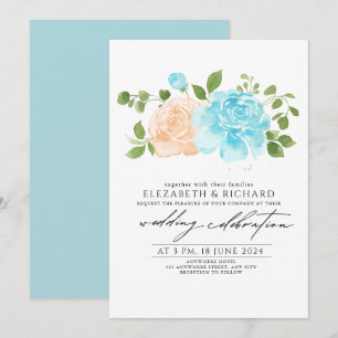 Modern Light Blue Peach Floral Bouquet Wedding Invitation