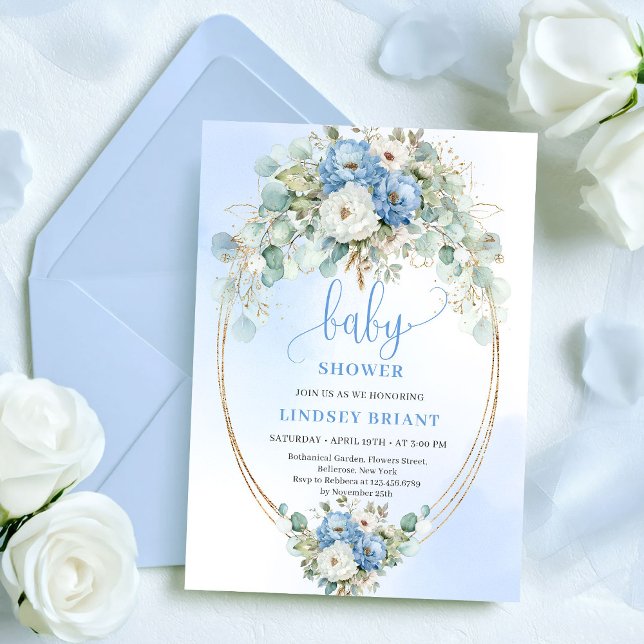 Modern Light Blue Peonies Eucalyptus Baby Shower   Invitation (Modern Light Blue Peonies Eucalyptus Baby Shower Invite)