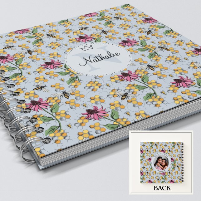 Modern Light Blue Queen Bee & Flowers Feminine Notebook (Beautiful Nature Queen Bee, Honeycomb & Pink Exotic Flower Monogram & Name Custom Square Notebook. )