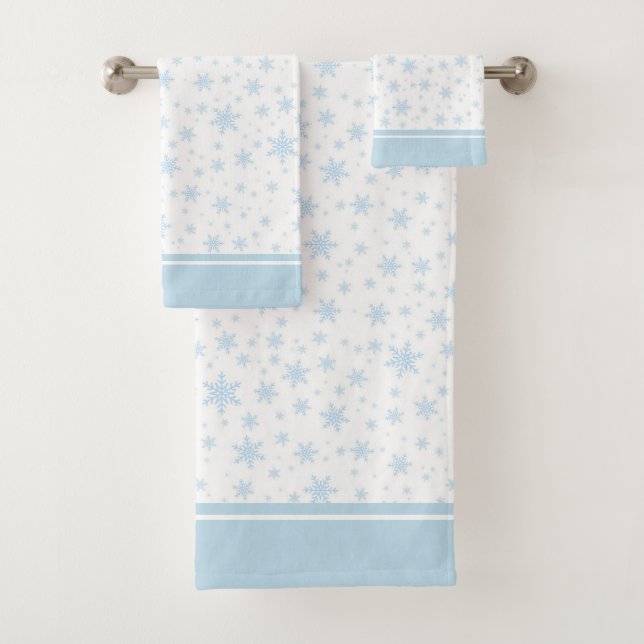 Modern Light Blue Snowflakes on White Bath Towel S (Insitu)