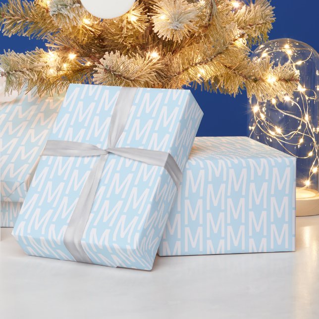 Modern light blue white custom monogram initial wrapping paper (Holidays)