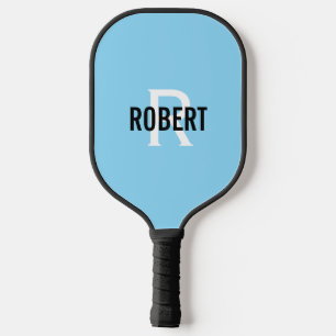 Modern light blue white monogram name mens  pickleball paddle
