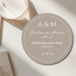 Modern light brown minimalist wedding classic round sticker<br><div class="desc">A modern,  minimalist wedding sticker in light brown tone with a clean and elegant design,  which can be easily removed or customized if needed. The black background and simple layout give it a timeless,  stylish,  and sophisticated look,  perfect for a modern wedding.</div>