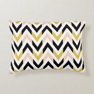 Modern Light Coral, Gold, Black, White Chevron Decorative Cushion