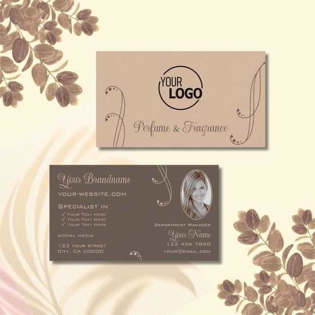 Modern Light Dark Brown Ornate with Logo and Photo Business Card (Creator Uploaded)