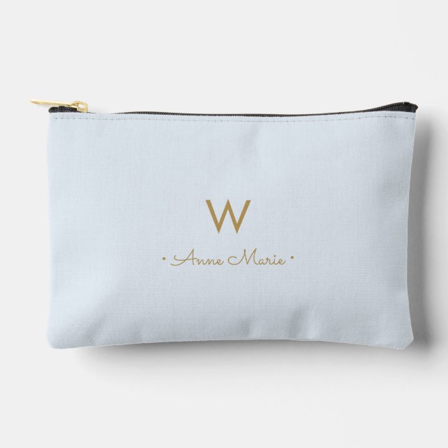 Modern Light Dusty Blue Gold Script Monogram Accessory Pouch (Front)