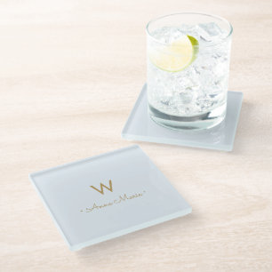 Modern Light Dusty Blue Gold Script Monogram Glass Coaster