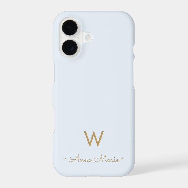 Modern Light Dusty Blue Gold Script Monogram iPhone Case (Back)