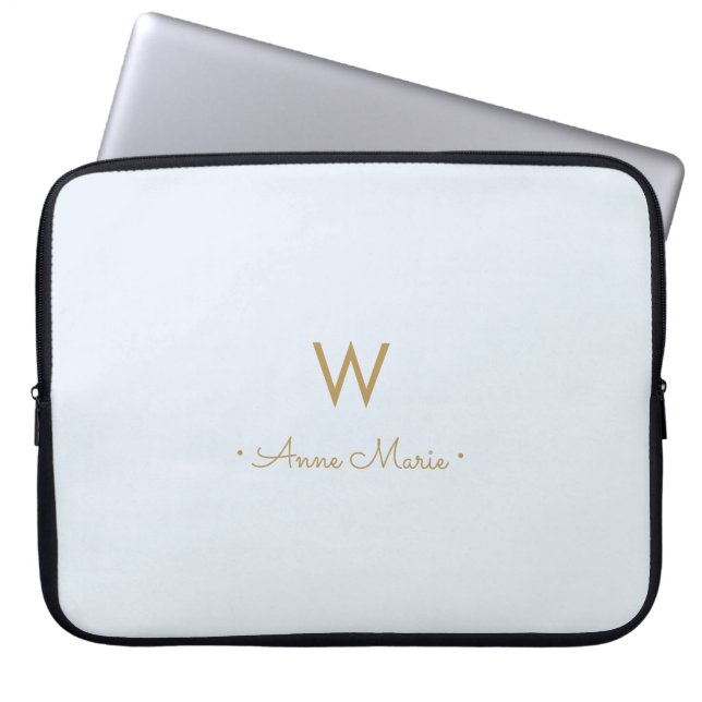 Modern Light Dusty Blue Gold Script Monogram Laptop Sleeve (Front)