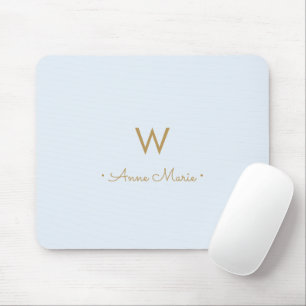 Modern Light Dusty Blue Gold Script Monogram Mouse Pad