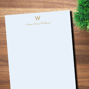Modern Light Dusty Blue Gold Script Monogram Notepad