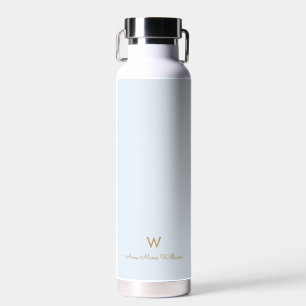 Modern Light Dusty Blue Gold Script Monogram Water Bottle